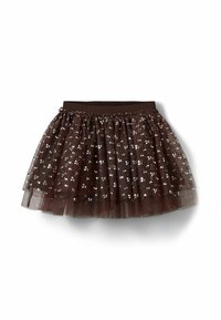 Fustă din tull maro cu un design stratificat, având un brâu elastic și broderie florală argintie împrăștiată pe întreaga țesătură.