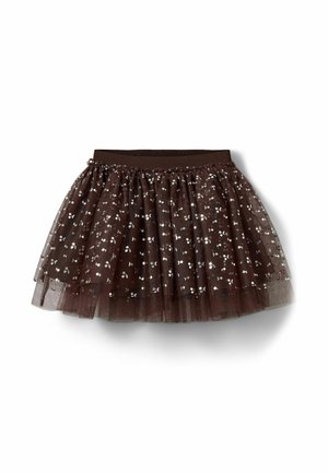 Bruine tule rok met een gelaagd ontwerp, voorzien van een rekbare tailleband en verspreide zilveren bloemenborduring over de stof.