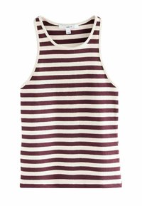 Canottiera a righe bordeaux e bianco, realizzata in tessuto a costine. Caratterizzata da un collo rotondo e design senza maniche. Tessuto liscio, vestibilità casual.