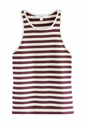 Gestreept tanktop in bordeauxrood en wit, gemaakt van ribfluwelen stof. Kenmerken zijn een ronde hals en mouwloos ontwerp. Soepele textuur, casual pasvorm.