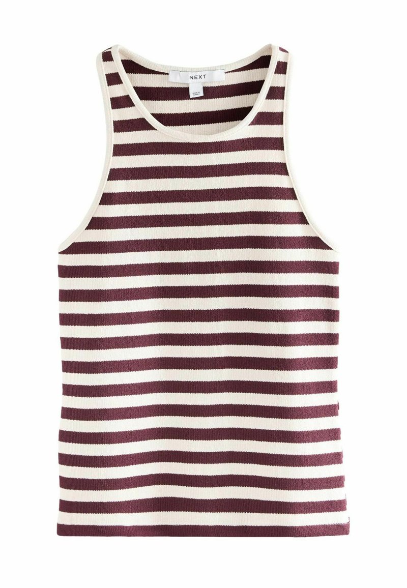 Canottiera a righe bordeaux e bianco, realizzata in tessuto a costine. Caratterizzata da un collo rotondo e design senza maniche. Tessuto liscio, vestibilità casual.