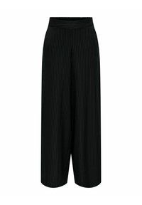 Černé široké kalhoty s proužkovaným vzorem a elastickým pasem. Vyrobené z jemné látky s hladkou texturou.