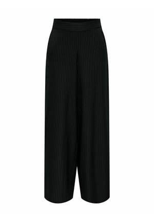 Juodi plačios kelnės su pinstripe raštu ir elastinga juosmens juosta. Pagamintos iš minkštos, lygios tekstūros medžiagos.