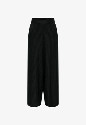 Juodi plačios kelnės su pinstripe raštu ir elastinga juosmens juosta. Pagamintos iš minkštos, lygios tekstūros medžiagos.