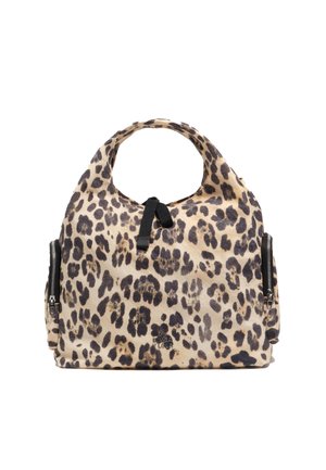 Leopard print handbag with a soft fabric texture, rounded top handle, and side zip pockets. Features black accents for contrast.
