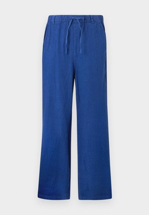 Sinised laiad püksid elastse vöökoha ja nööriga, küljetaskutega, esitlemisel valgel taustal.