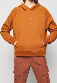 Sudadera con capucha naranja, con bolsillo tipo canguro, puños acanalados y dobladillo. Presenta un pequeño logo blanco de perchero en el pecho.
