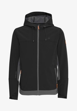 Zwarte softshelljas met een grijze voering, verstelbare capuchon, ritszakken en bronzen leren accenten. Heeft een soepele textuur en een getailleerde pasvorm.