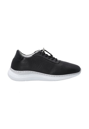 Schwarze Leder-Sneaker mit strukturiertem Obermaterial, weißer Gummisohle und Schnürdesign mit Toggle-Verschluss für einfache Anpassung.