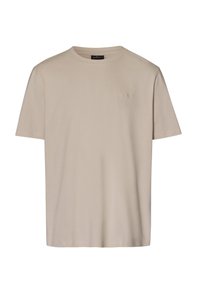 Beżowy bawełnowy T-shirt z krótkimi rękawami i okrągłym dekoltem, z małym, dyskretnym logo na lewej klatce piersiowej.