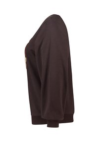 Donkerbruine sweatshirt met lange mouwen, ribgebreide manchetten en zoom, zijwaarts getoond op een witte achtergrond.