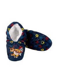 Pantofole in pile color navy con una morbida fodera bianca, caratterizzate da grafiche di personaggi giocosi e motivi colorati di faccine sorridenti all'esterno e sulla suola.