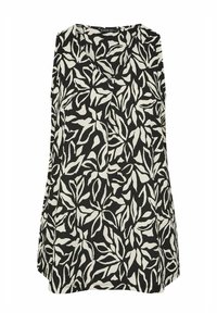 Blusa negra sin mangas con patrón abstracto de hojas blancas y cuello en V.