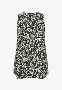 Blusa negra sin mangas con patrón abstracto de hojas blancas y cuello en V.