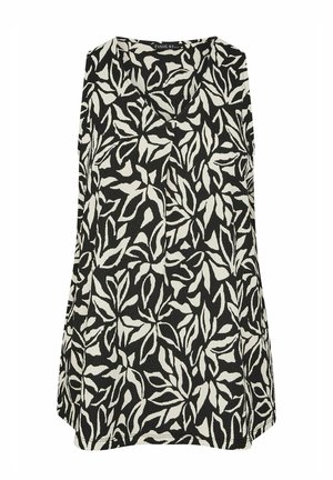 Schwarze ärmellose Bluse mit weißem abstraktem Blattmuster und V-Ausschnitt-Kragen.