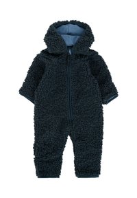 Vloeiende marineblauwe overall met een capuchon, voorzien van een ritssluiting en een gestructureerde stof, geschikt voor koud weer.