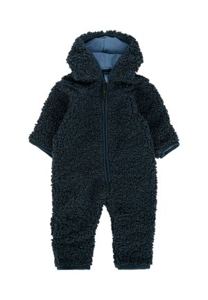 Completo in pelliccia blu navy con cappuccio, dotato di chiusura con zip e tessuto testurizzato, adatto per il freddo.