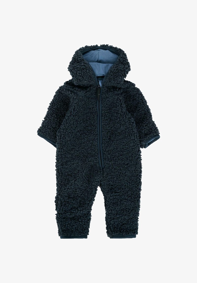 Combinaison une pièce en peluche bleu marine avec capuche, dotée d'une fermeture éclair et d'un tissu texturé, adaptée aux temps froids.