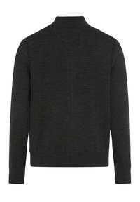 Dunkelgrauer Strickpullover mit hohem Kragen, gerippten Bündchen und Saum. Verfügt über eine glatte Textur und minimale Nahtdetails.