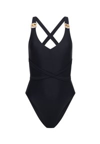 Maillot de bain une pièce noir avec des bretelles croisées, des accents en métal doré aux épaules, un tissu lisse et une silhouette ajustée.