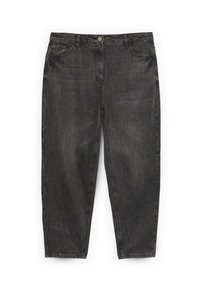 Czarne, wysokowytaliowane jeansy o zwężanych nogawkach z przodu zapięciem na guziki i zamek błyskawiczny, szlufkami na pasek oraz przednimi kieszeniami, prezentowane na białym tle.