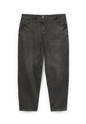 Vaqueros negros de talle alto con corte cónico, cierre frontal de botón y cremallera, trabillas para cinturón y bolsillos frontales, exhibidos sobre un fondo blanco.