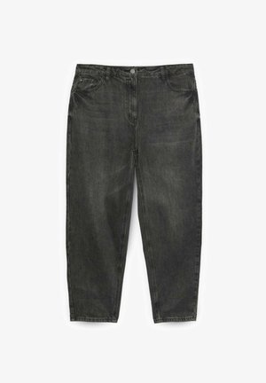 Schwarze, hoch taillierte, zulaufende Jeans mit vorderer Knopfleiste, Reißverschluss, Gürtelschlaufen und Vordertaschen, dargestellt auf weißem Hintergrund.