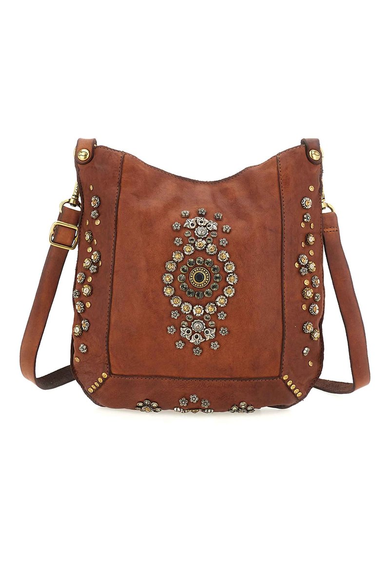 Borsa a tracolla in pelle marrone con decorazioni floreali, dettagli metallici e forma arrotondata. Cinturino regolabile e particolari borchiati.