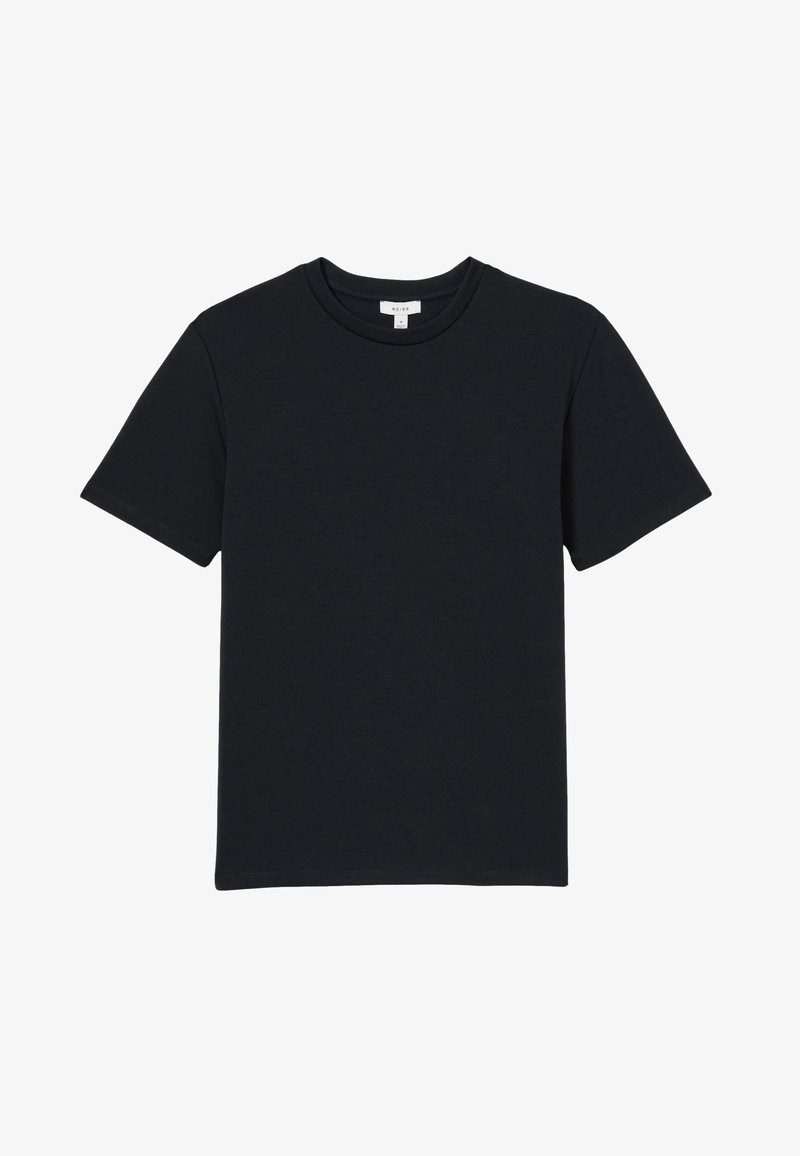 Schlichtes schwarzes Kurzarm-T-Shirt mit Rundhalsausschnitt ohne sichtbare Muster oder Logos, vor weißem Hintergrund dargestellt.
