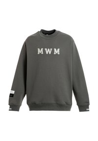 Sudadera gris de mezcla de algodón con mangas largas. Presenta "MWM" en letras texturizadas y de color claro en la parte frontal. Puños y dobladillo acanalados.