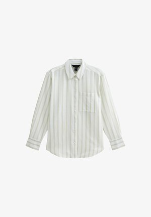Lange mouwen gestreept shirt in lichtgroen en wit, gemaakt van zachte stof, met een doorgestikte voorkant en een borstzak links.