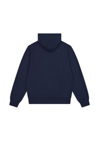 Felpa blu navy realizzata in tessuto morbido, con tasca a marsupio, polsini a costine e cappuccio senza marchi o motivi visibili.