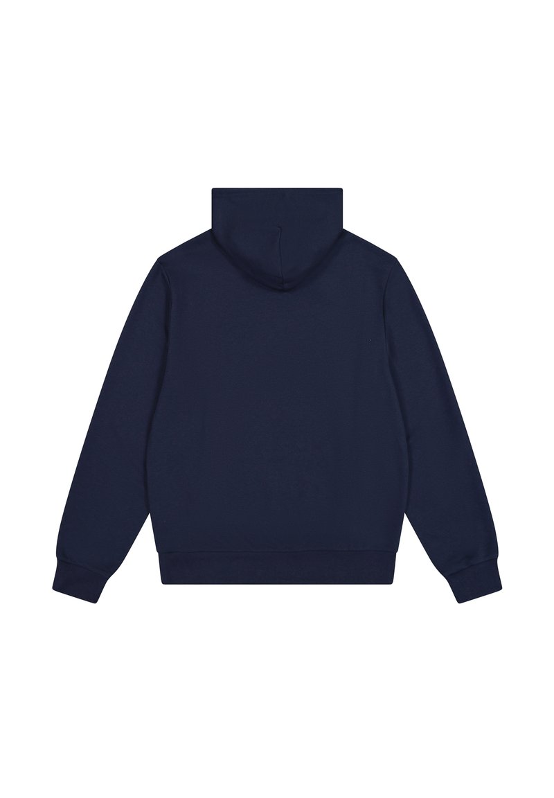 Felpa blu navy realizzata in tessuto morbido, con tasca a marsupio, polsini a costine e cappuccio senza marchi o motivi visibili.