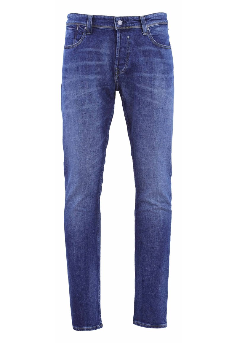 Jean en denim de couleur bleu foncé, coupe slim, avec cinq poches, une fermeture à bouton et glissière, présentant un léger délavage et des détails de couture.