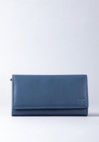 Leather wallet in dark blue, textured surface, rectangular shape, fold-over design, subtle logo detail on lower right corner.