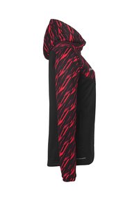 Sort og rød atletisk hættejakke med et geometrisk mønster, fuld lynlås og sidelommer. Har høj krave og en blød tekstur.