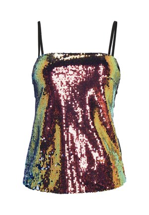 Paljettlinne i flerfärgade nyanser av lila, guld och grönt; har tunna svarta band, figurnära design och slät yta.