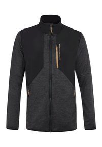 Giacca nera e grigia scura con zip e colletto alto, realizzata in tessuto testurizzato e con accenti in metallo dorato sulla zip e sul marchio.