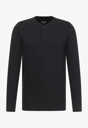 Zwarte lange mouwen henley shirt van textuurstof, met een ronde hals, een drieknoopssluiting en een klein logo op de borst.