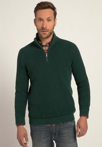 Grüner gerippter Pullover mit einem halben Reißverschluss und einem Kragen, strukturiertem Strickmuster, langen Ärmeln und einem sichtbaren geschichteten Karoshirt am Kragen.