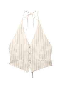 Witte halter-top vest met verticale marineblauwe strepen, een knoopsluiting aan de voorkant, twee zijzakken en strikken aan de hals.