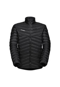 Zwarte pufferjas met hoge kraag, horizontaal gestikt ontwerp, voorrits en Mammut-logo op de linkerborst. Zachte textuur.