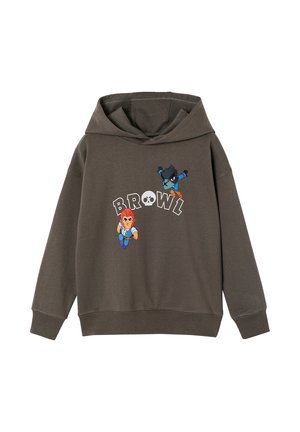 Dark gray hooded sweatshirt with cartoon characters and the word "BROWL" featuring a skull in the center on the front.