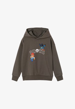 Dark gray hooded sweatshirt with cartoon characters and the word "BROWL" featuring a skull in the center on the front.