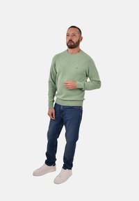 Maglione verde chiaro in tessuto a maglia, scollo rotondo, polsini e orlo a costine, abbinato a jeans blu e sneakers bianche.