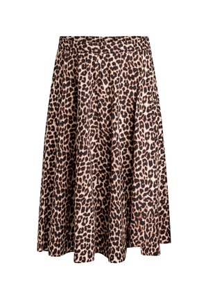 Falda midi de estampado de leopardo con cintura elástica y silueta acampanada en tonos marrón, negro y beige.