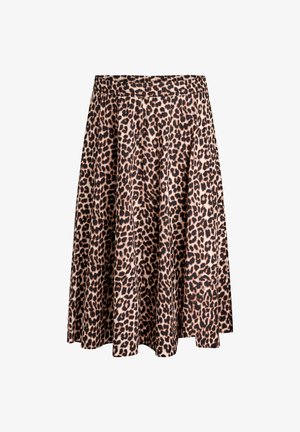 Falda midi de estampado de leopardo con cintura elástica y silueta acampanada en tonos marrón, negro y beige.