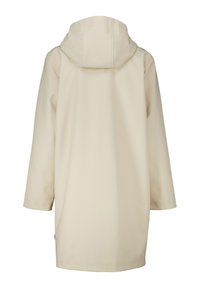 Light beige waterproof coat with a hood, featuring a relaxed fit, long sleeves, and a smooth texture. No visible fastenings or pockets.