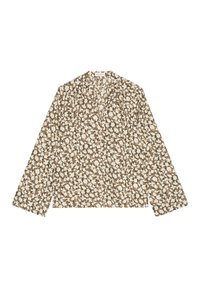 Blouse longue marron à manches longues avec un motif floral en crème et beige. Design décolleté en V, coupe ample et fentes sur les côtés au niveau de l'ourlet. Tissu léger.