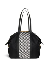 Grand sac noir avec un panneau à motif géométrique en nuances de gris. Dispose de poignées noires doubles et de quincaillerie dorée pour la fermeture.